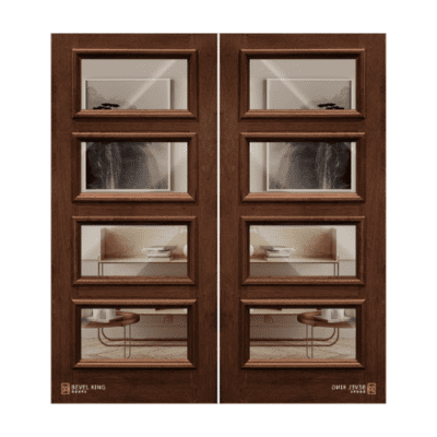 4-Lite Midcentury Modern Mahogany Exterior Double Door Slabs – Horizontal True Divided Lite – 6’8″