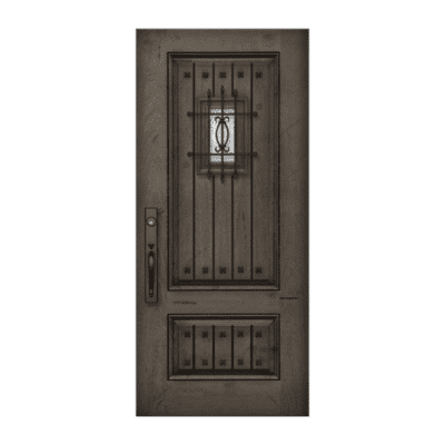 2-Panel Unique Stainable Fiberglass Exterior Single Door Slab – V-Groove Mahogany Grain w/ Speakeasy & Clavos