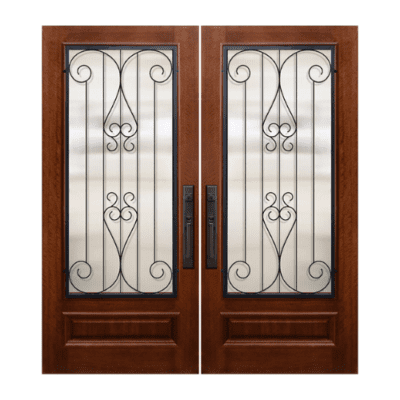 1-Lite over 1-Panel Iron Accents Mahogany Exterior Double Door Slabs – 3/4 Lite Lavaca Wrought Iron DoorCraft