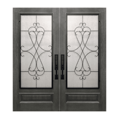 1-Lite over 1-Panel Iron Accents Mahogany Exterior Double Door Slabs – 3/4 Lite Navasoata Wrought Iron DoorCraft