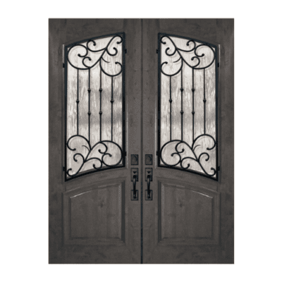1-Lite over 1-Panel Iron Accents Mahogany Exterior Double Door Slabs – Arch Lite & Rail – Catalina Wrought Iron