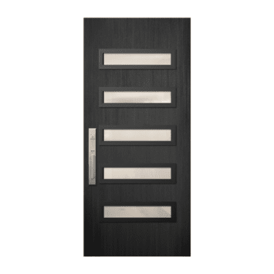 5-Lite Midcentury Modern Stainable Fiberglass Exterior Single Door Slab – Beverly Contemporary Door – Mahogany Grain