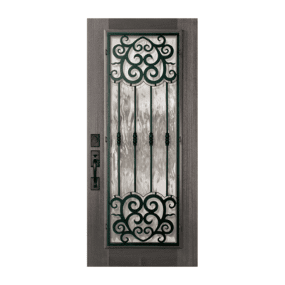 Full-Lite Iron Accents Mahogany Exterior Single Door Slab – Barcelona Wrought Iron