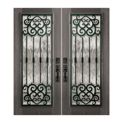 Full-Lite Iron Accents Mahogany Exterior Double Door Slabs – Barcelona Wrought Iron