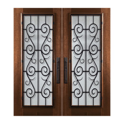Full-Lite Iron Accents Mahogany Exterior Double Door Slabs – St. Charles Wrought Iron