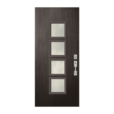 4-Lite Midcentury Modern Stainable Fiberglass Exterior Single Door Slab – Venice Contemporary Door – Mahogany Grain
