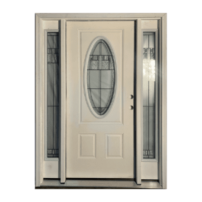 1-Lite over 2-Panel Classic Fiberglass Exterior Prehung Sidelite Door – Oval Lite w/Decorative Glass – Left Hand Inswing