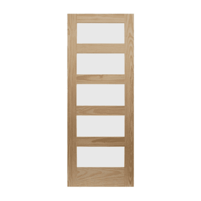 5-Lite Midcentury Modern Stain Grade Pine Interior Single Door Slab – Shaker Style Door w/ Frosted Glass
