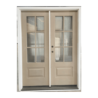 6-Lite over 1 Panel Farmhouse Textured Fiberglass Exterior Prehung Double Door – Hammered Glass – Right Hand Inswing